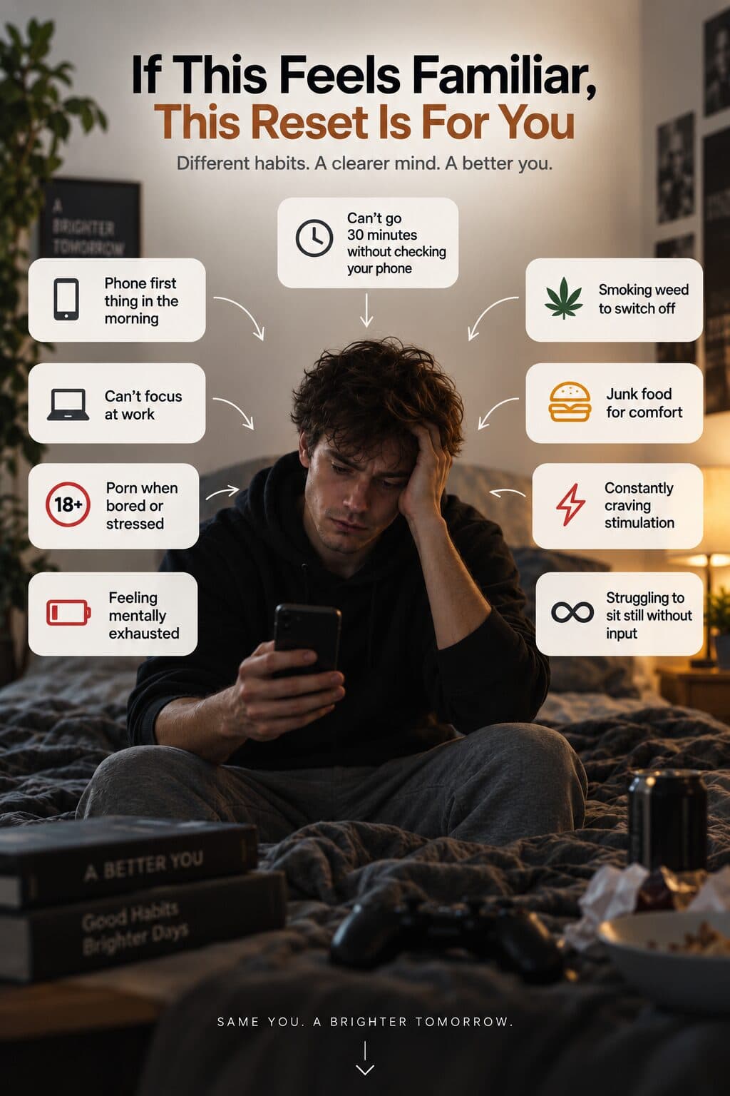 A man sitting on the edge of a bed at night, lit only by his phone.